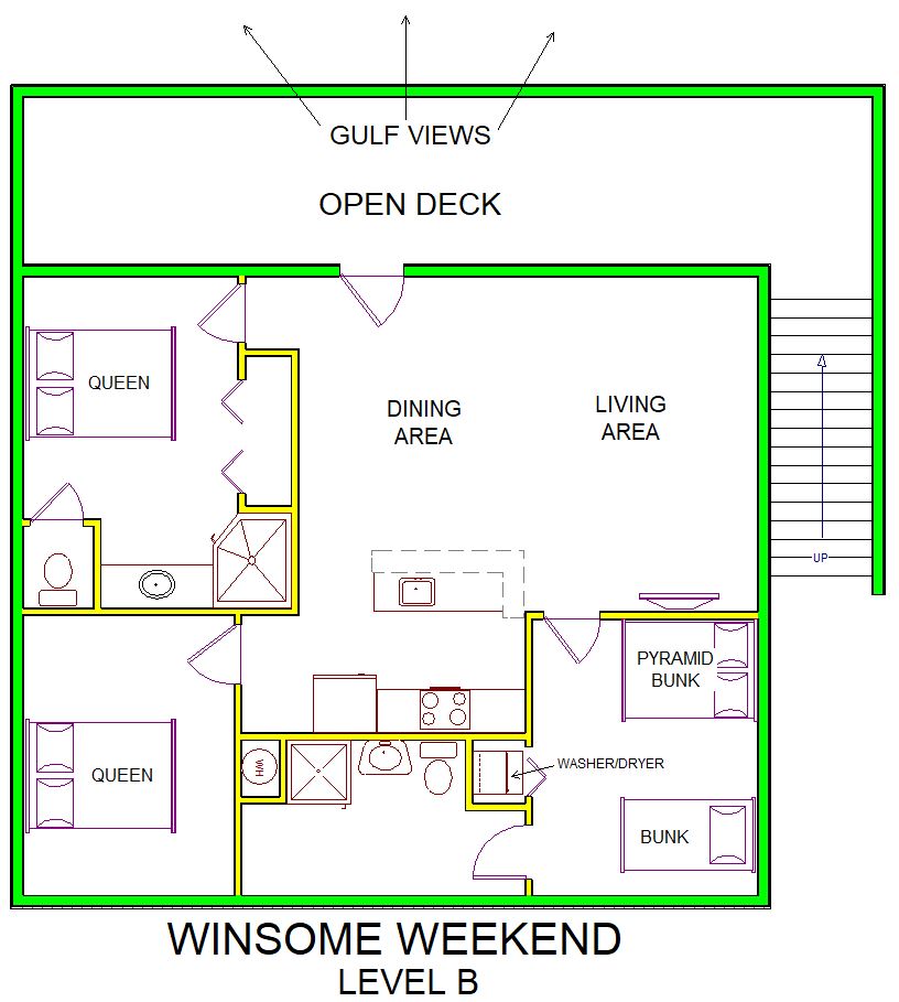 A level B layout view of Sand 'N Sea's beachfront house vacation rental in Galveston named Winsome Weekend